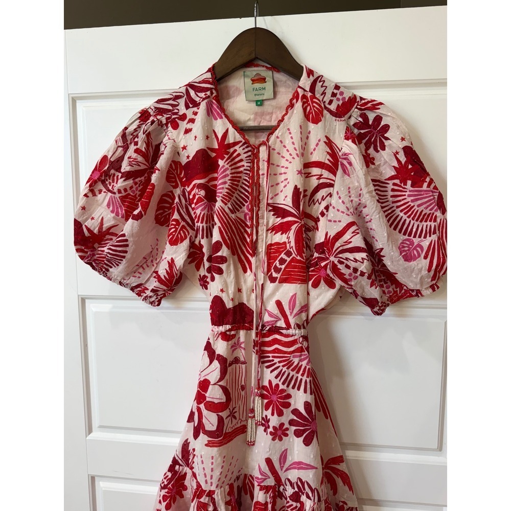Farm Rio Red White Tiles Mini Dress Cut Out Back Medium Vacation Boho - Picture 4 of 12